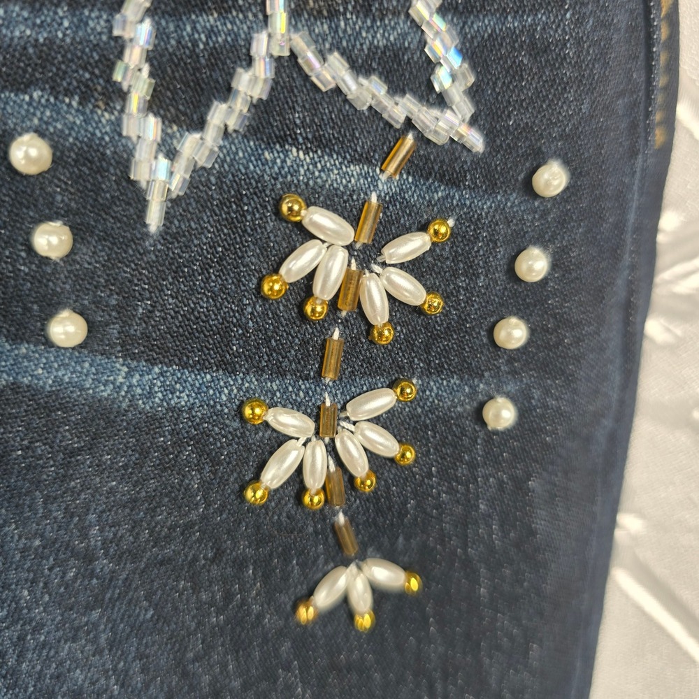 NWC‎ The Needlework by Sonny Chugani Jeans Women 34 Dark Blue Flare Leg Beaded - Picture 13 of 16